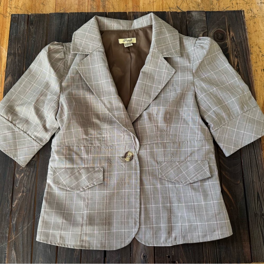 VTG  Papaya Short Sleeve Blazer Jacket Womens S Button Preppy Y2K Academia Plaid